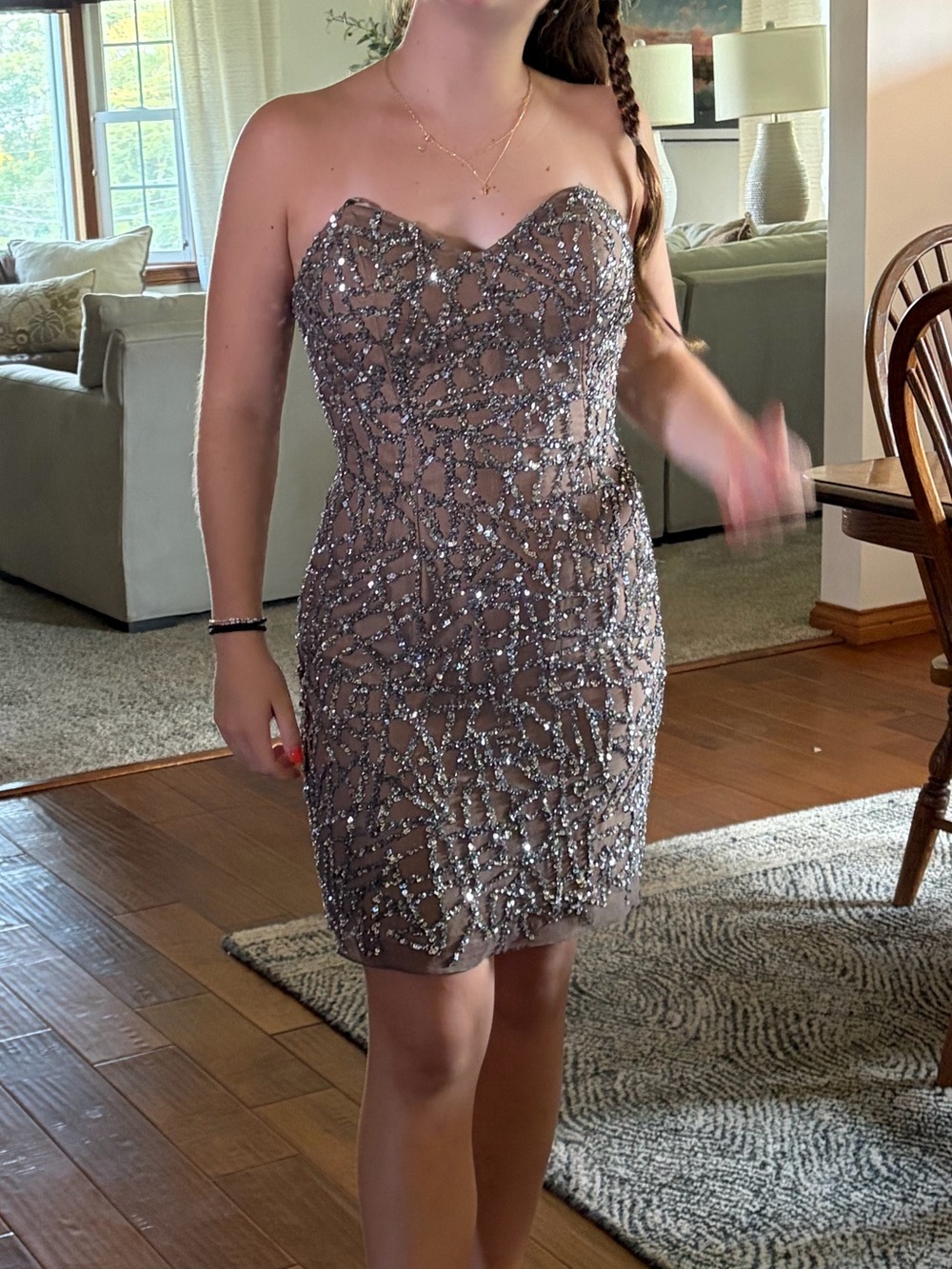 Scala Strapless Silver-Beaded Cocktail Dress